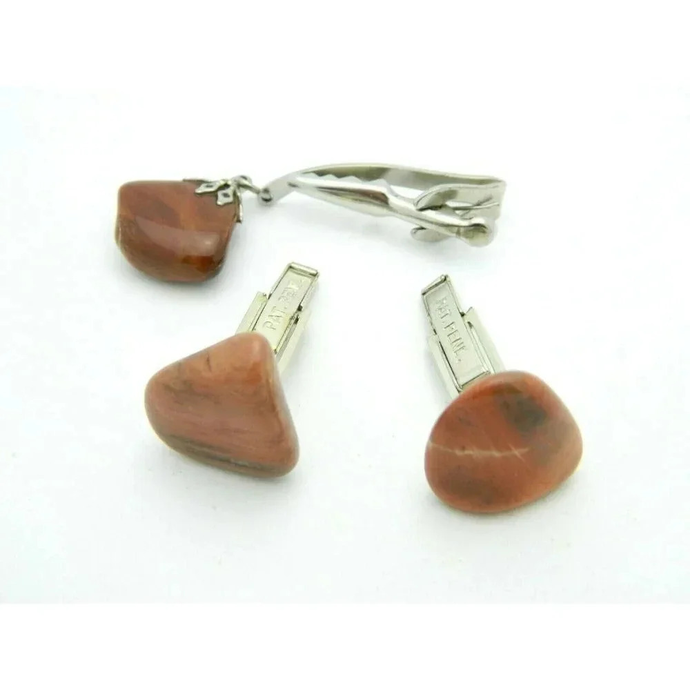 Gray Brown Agate Stone Mid Century Natural Silver